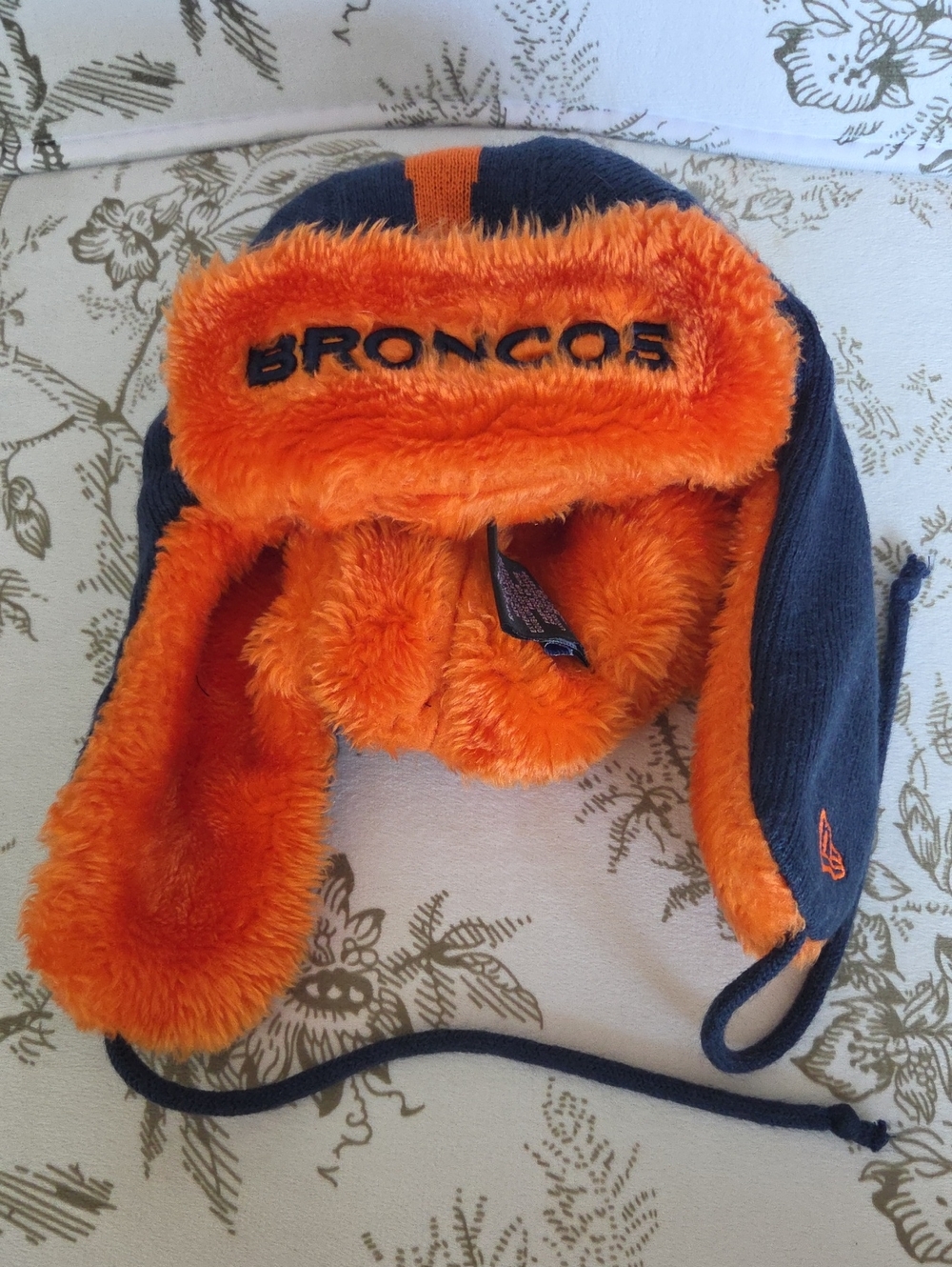 Denver Broncos New Era NFL Helmet Head Trapper Knit Hat Blue Orange One Size